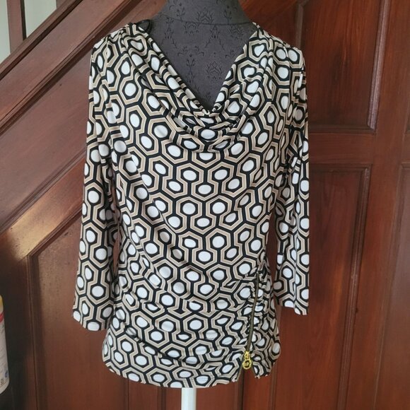 Michael Kors Womens Geometric Print Cowl Neck Top With Gold Zip Accent Size M - Picture 1 of 4